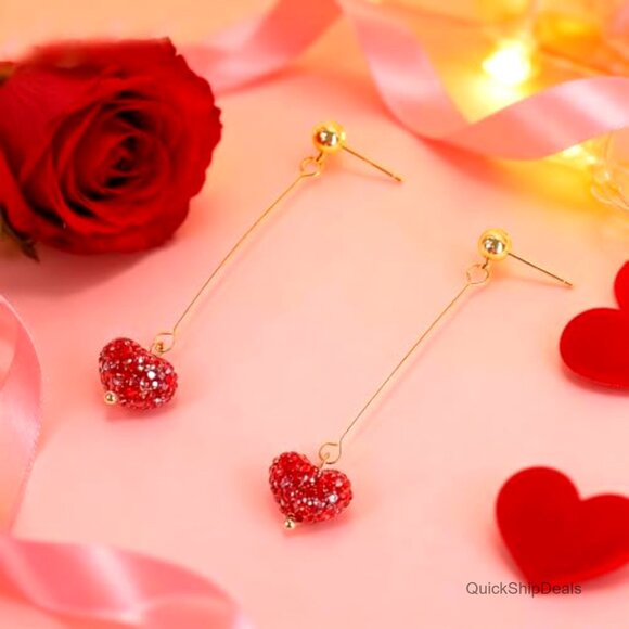 Heart Dangle Earrings with Rhinestones, Lever Back Closure, Valentine's Day Gift - Picture 4 of 7